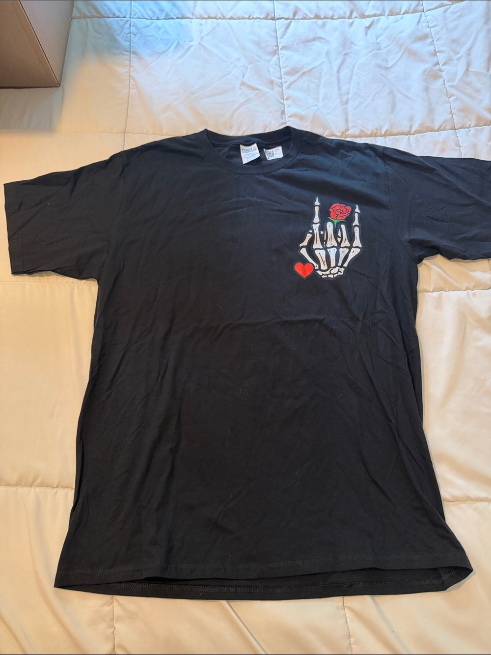 Port and Company Black Tee with Skeleton Hand, Red Rose and Heart